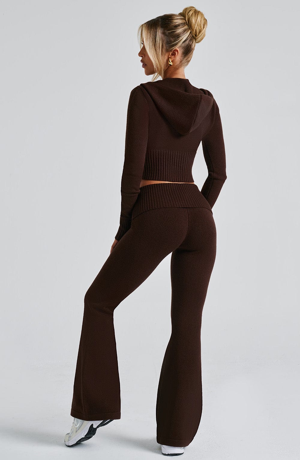 Portia - Soft knit chocolate co-ord set with zip hoodie & flared trousers