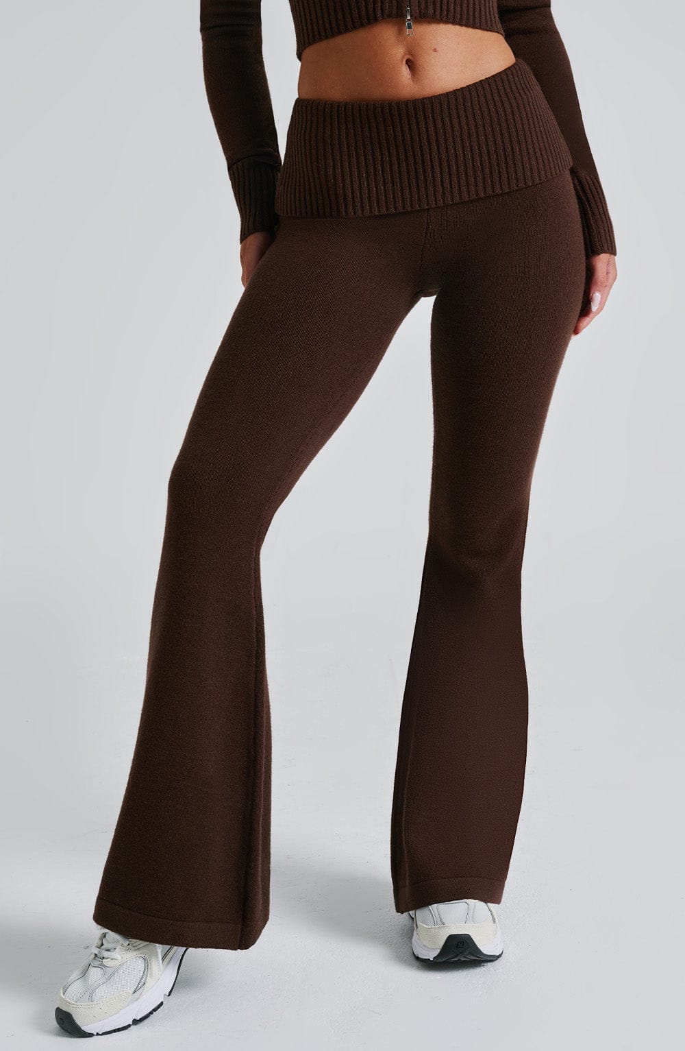 Portia - Soft knit chocolate co-ord set with zip hoodie & flared trousers