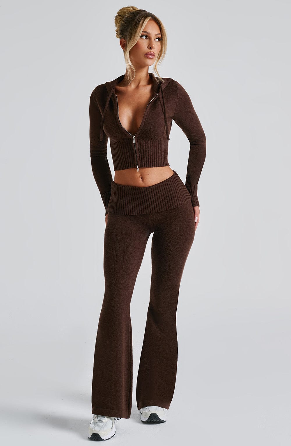 Portia - Soft knit chocolate co-ord set with zip hoodie & flared trousers