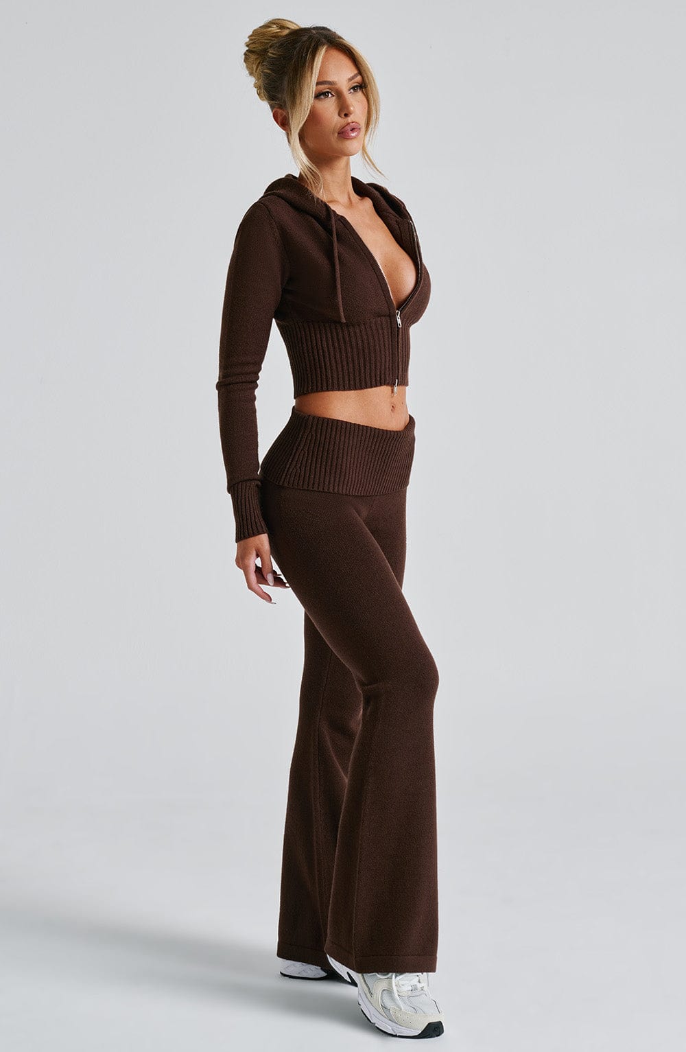 Portia - Soft knit chocolate co-ord set with zip hoodie & flared trousers