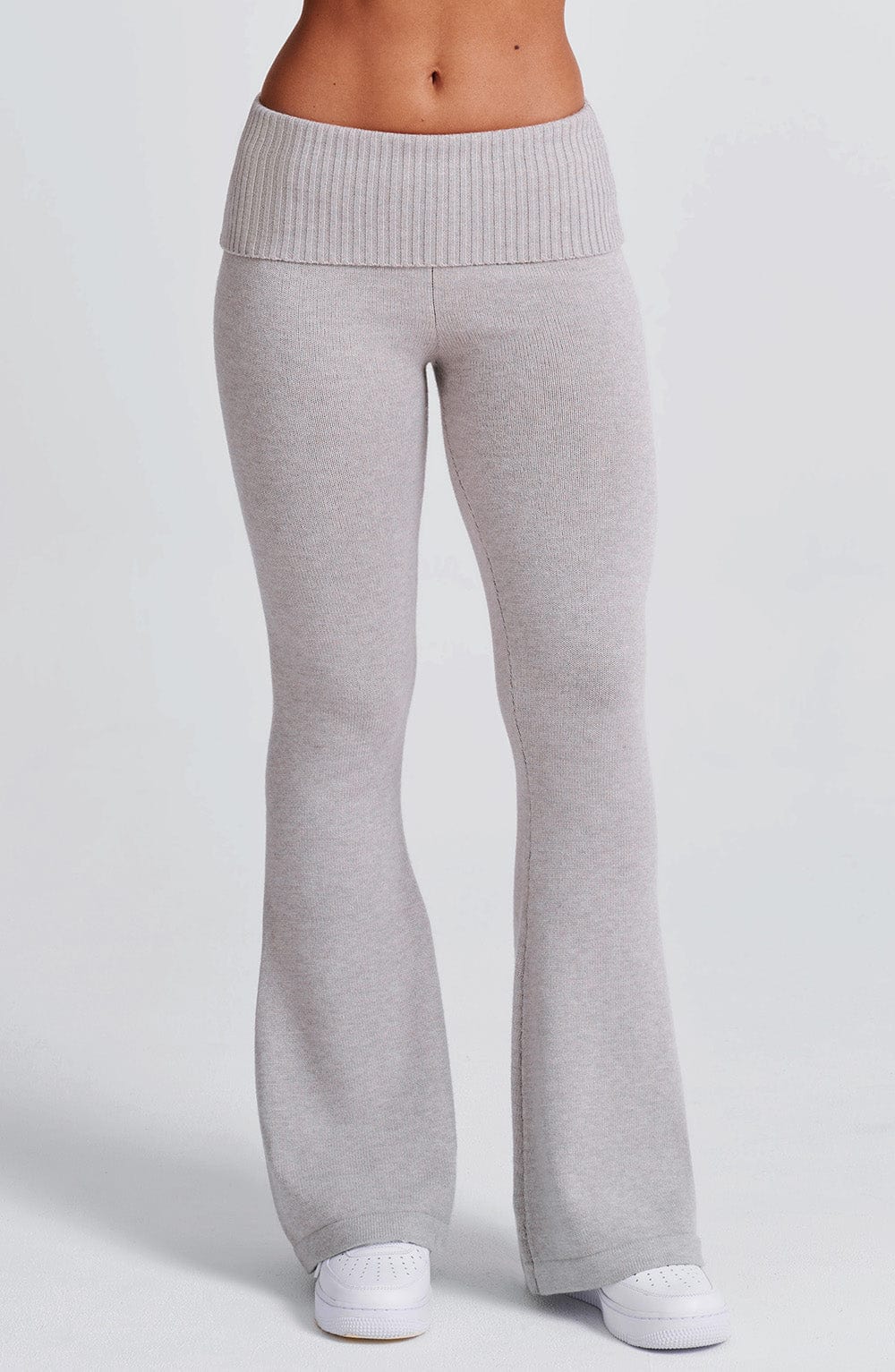 Portia - Soft knit light grey marl co-ord set with zip hoodie & flared trousers