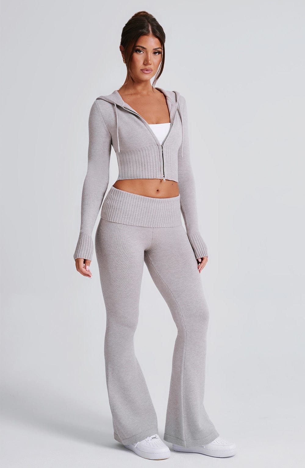 Portia - Soft knit light grey marl co-ord set with zip hoodie & flared trousers
