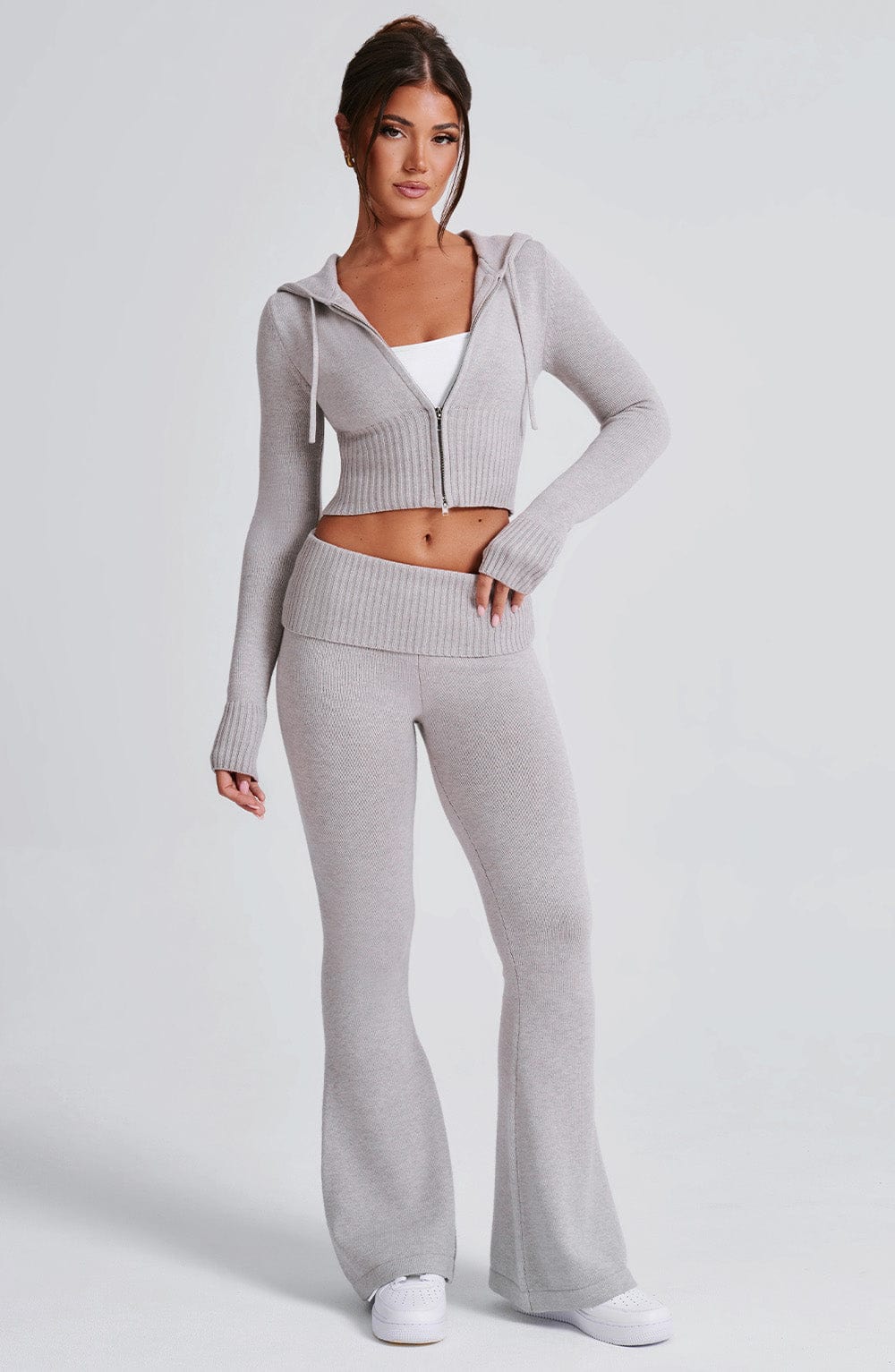 Portia - Soft knit light grey marl co-ord set with zip hoodie & flared trousers