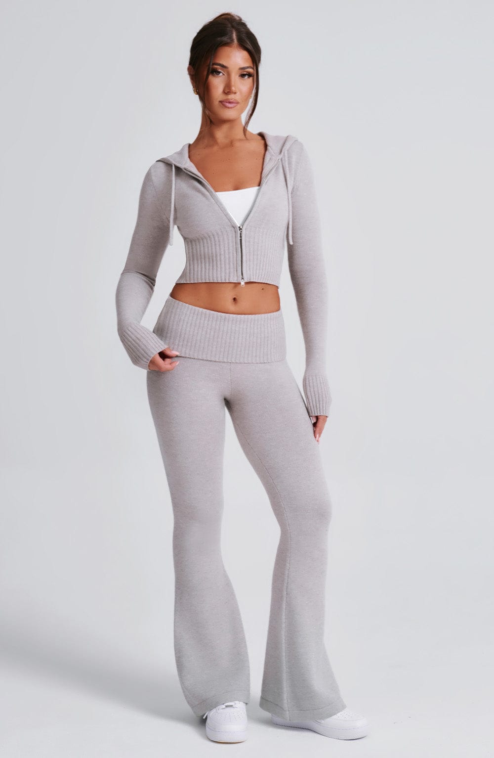 Portia - Soft knit light grey marl co-ord set with zip hoodie & flared trousers
