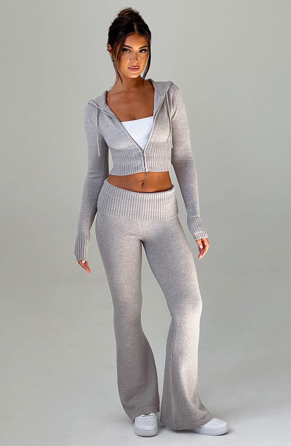 Portia - Soft knit light grey marl co-ord set with zip hoodie & flared trousers