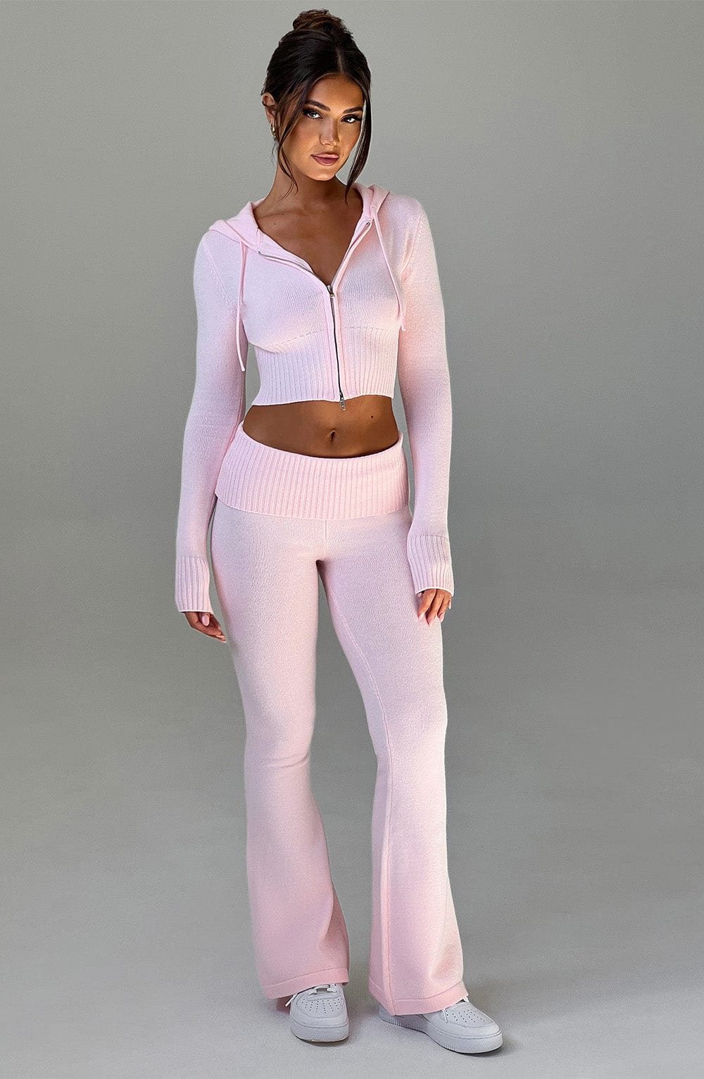 Portia - Soft knit baby pink co-ord set with zip hoodie & flared trousers