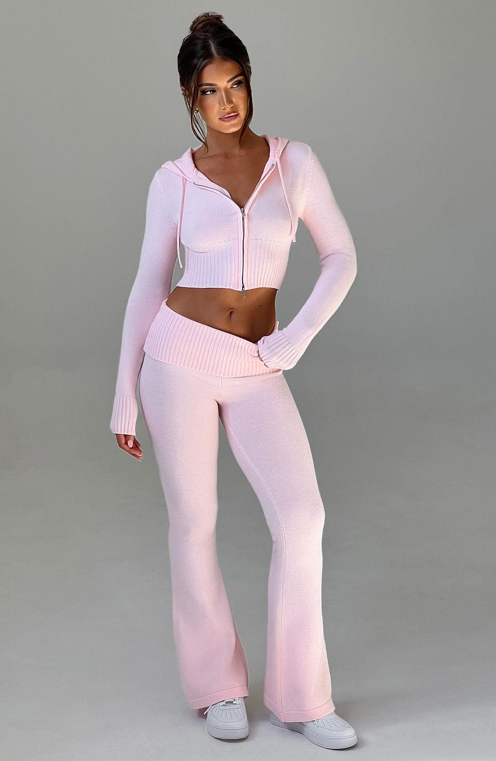 Portia - Soft knit baby pink co-ord set with zip hoodie & flared trousers