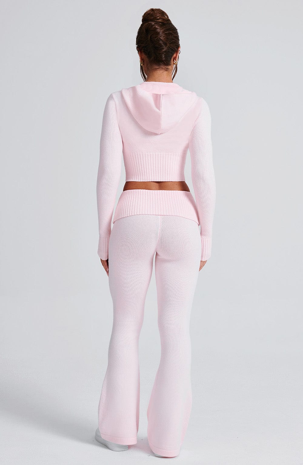 Portia - Soft knit baby pink co-ord set with zip hoodie & flared trousers