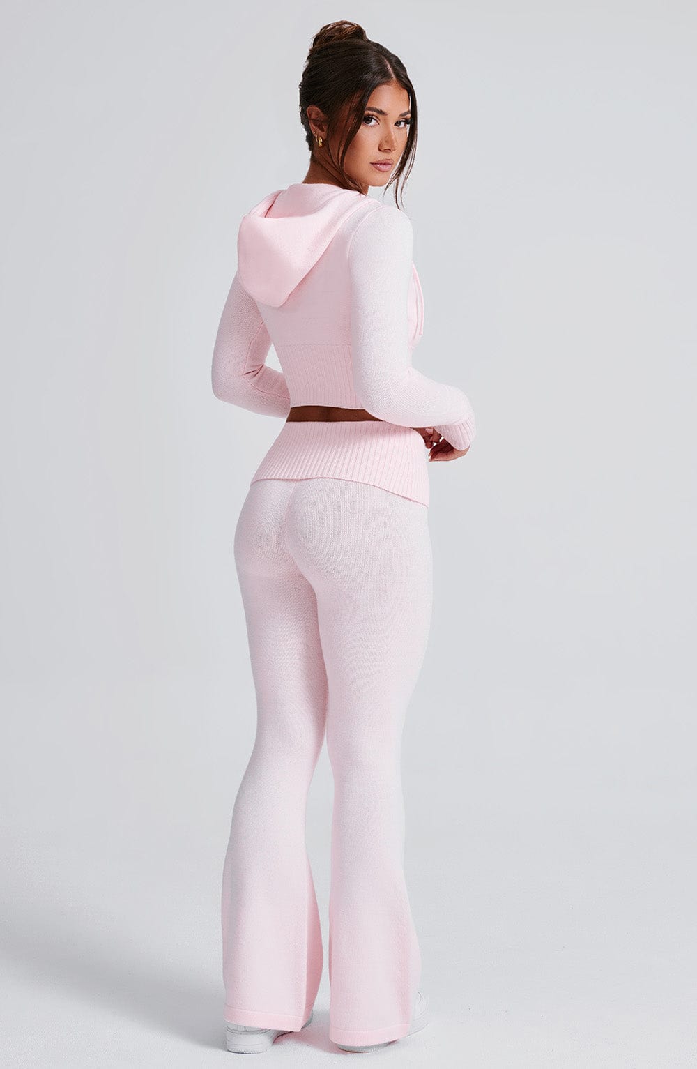 Portia - Soft knit baby pink co-ord set with zip hoodie & flared trousers