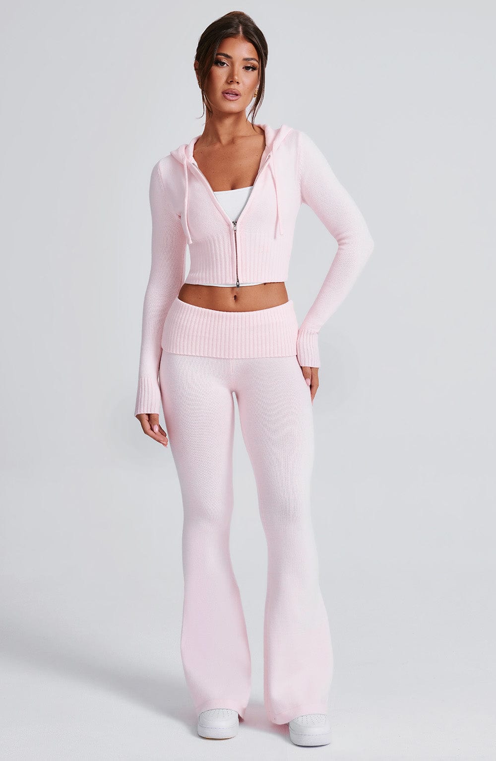Portia - Soft knit baby pink co-ord set with zip hoodie & flared trousers
