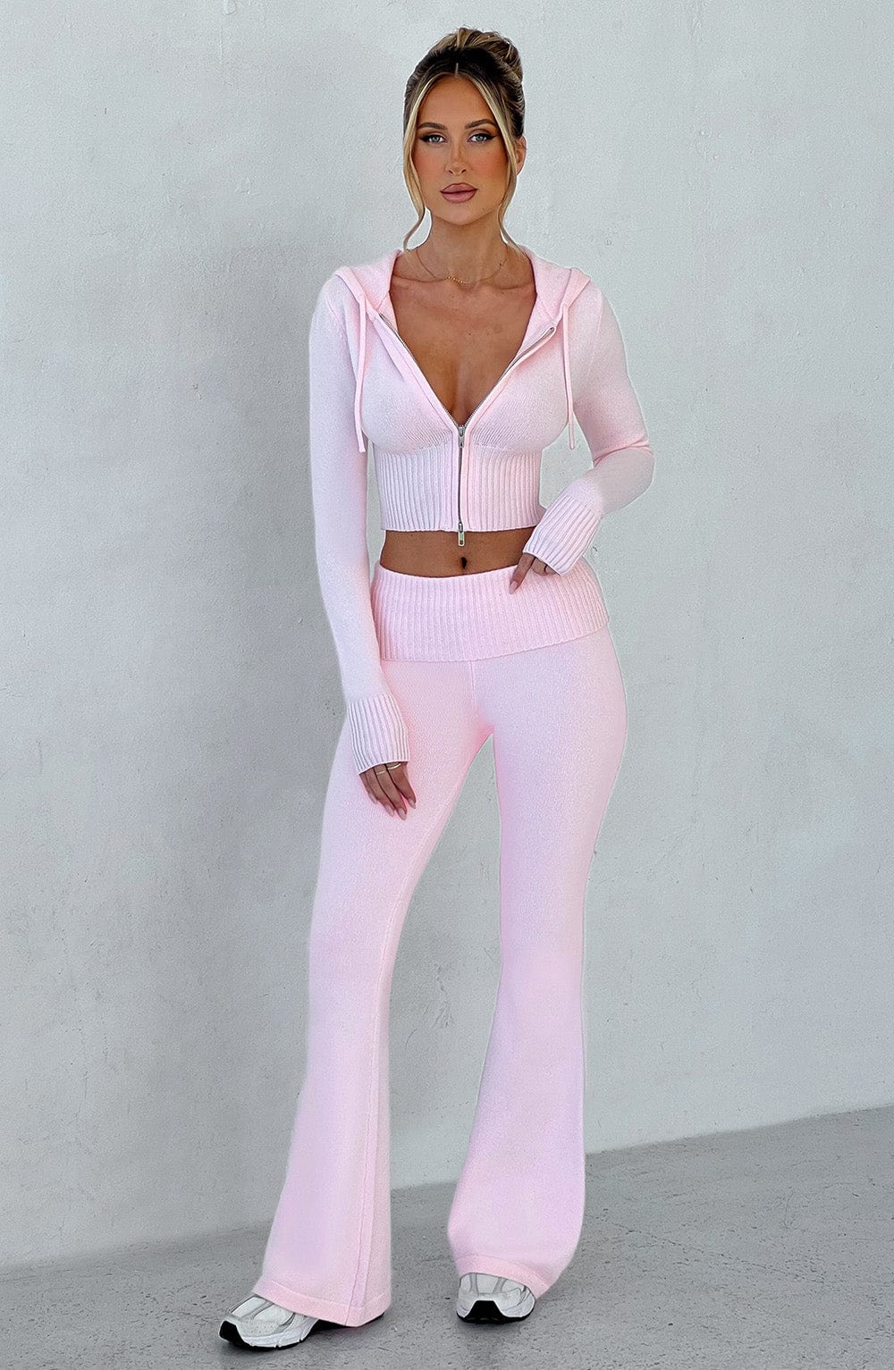 Portia - Soft knit baby pink co-ord set with zip hoodie & flared trousers