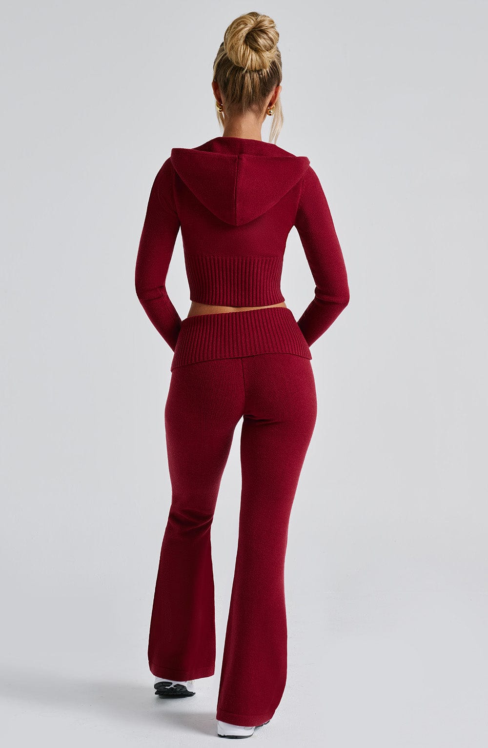 Portia - Soft knit burgundy co-ord set with zip hoodie & flared trousers