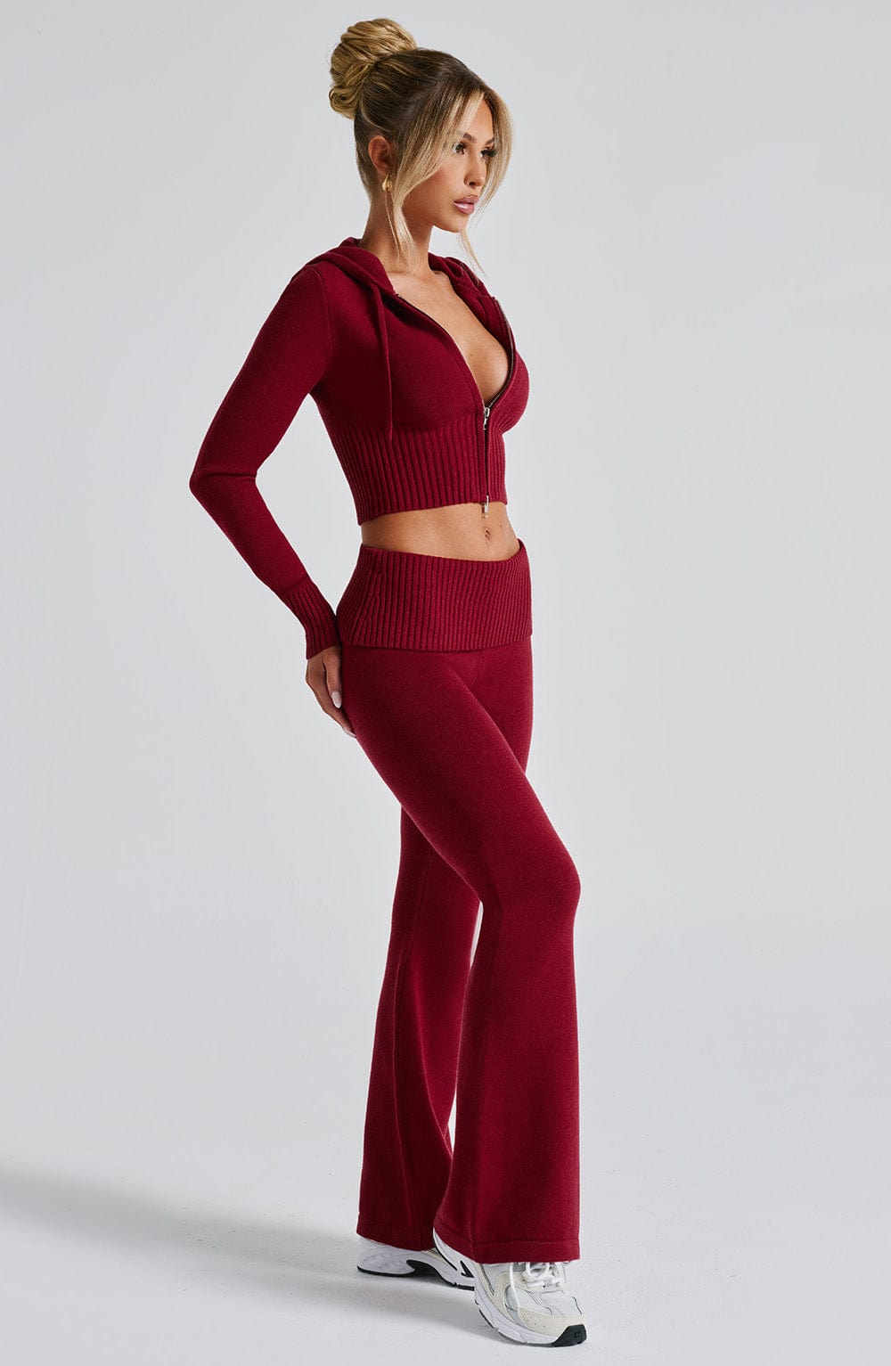 Portia - Soft knit burgundy co-ord set with zip hoodie & flared trousers