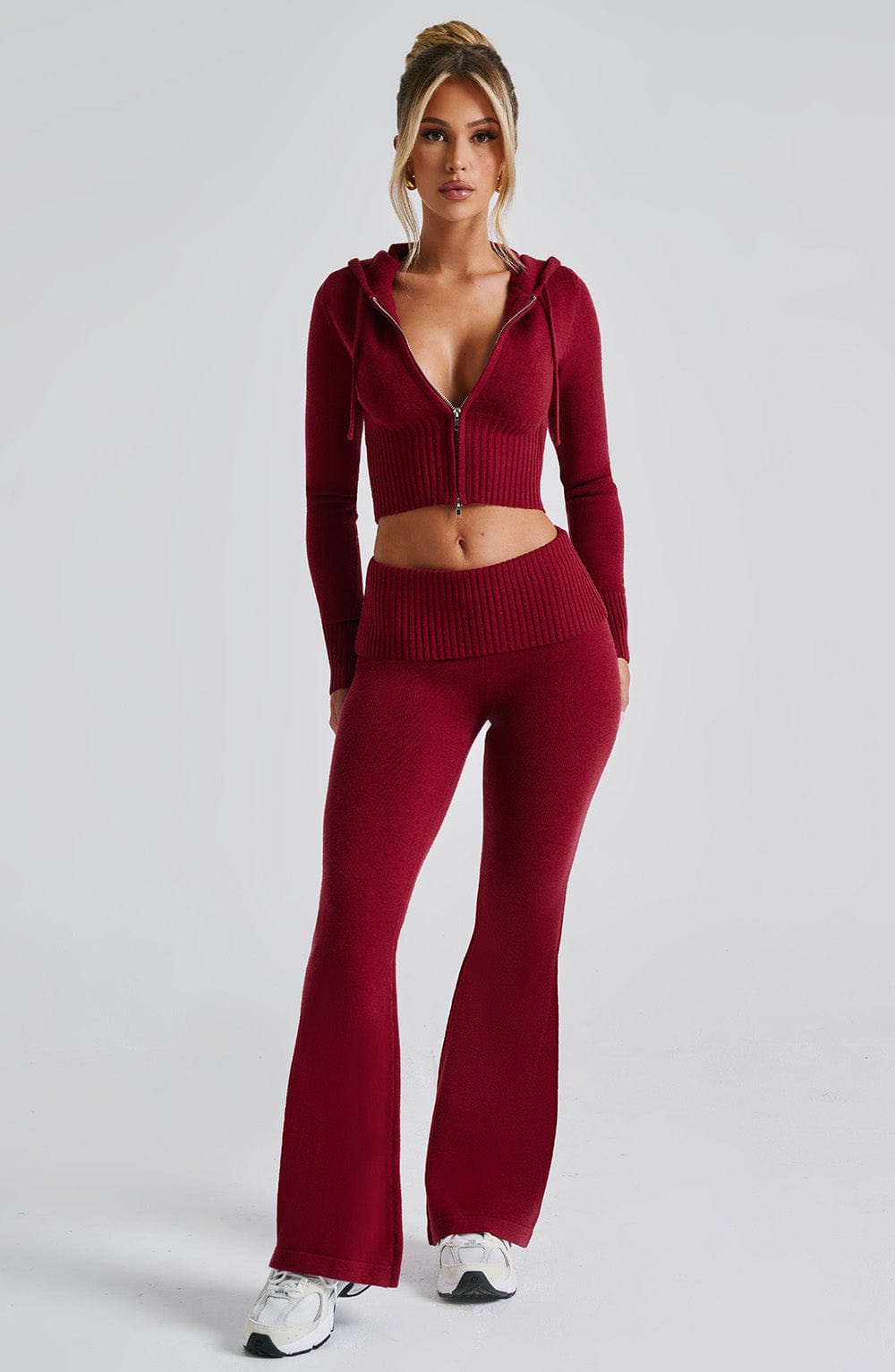 Portia - Soft knit burgundy co-ord set with zip hoodie & flared trousers