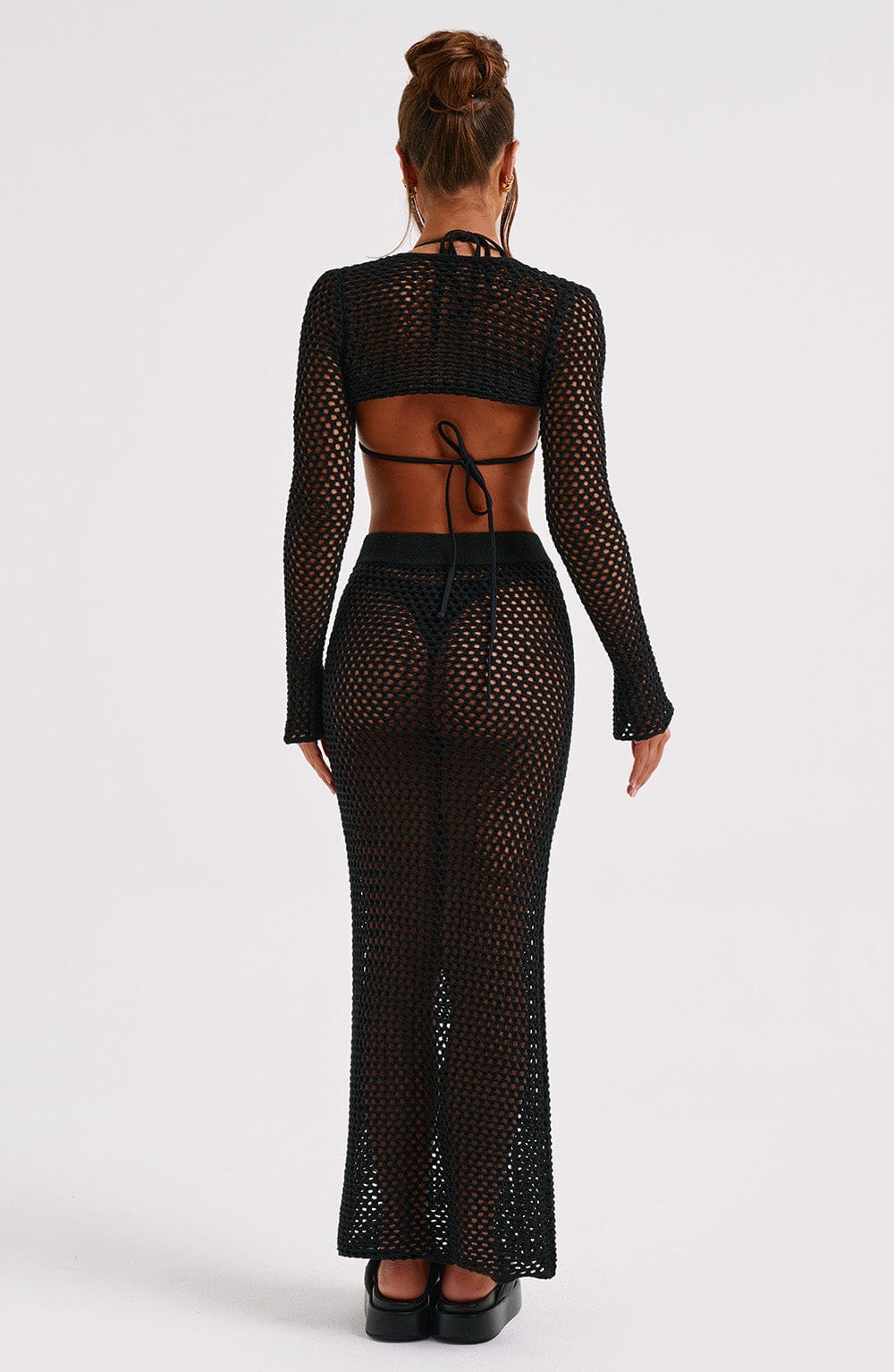 Riella - Black crochet mesh long sleeve bolero top