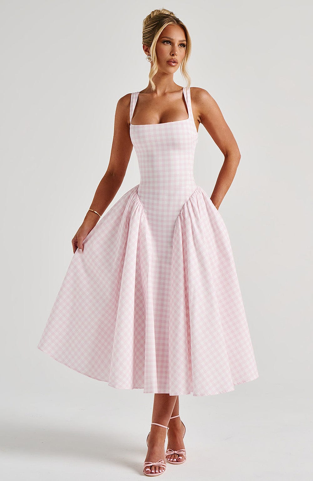 Sherrie - Pink gingham square-neck full skirt midi dress