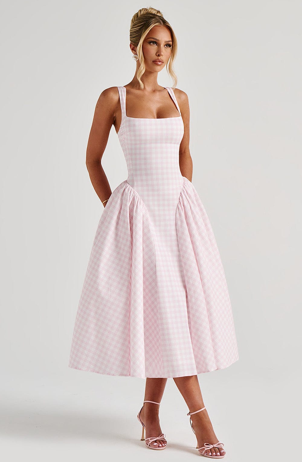Sherrie - Pink gingham square-neck full skirt midi dress