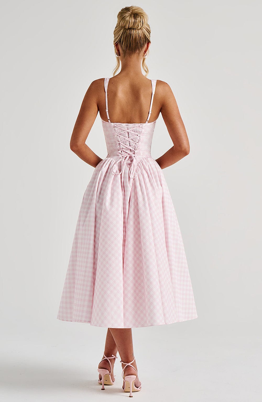 Sherrie - Pink gingham square-neck full skirt midi dress