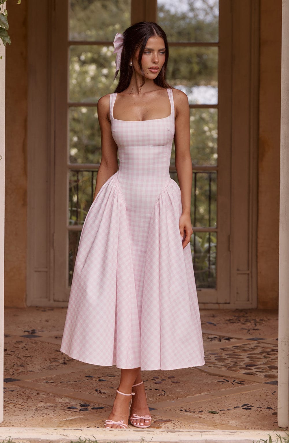 Sherrie - Pink gingham square-neck full skirt midi dress