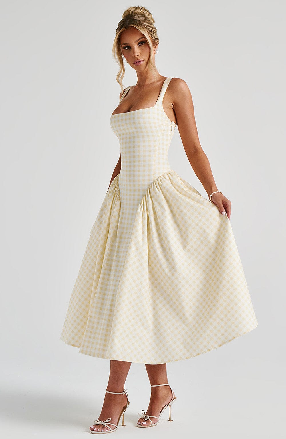Sherrie - Lemon gingham square-neck full skirt midi dress