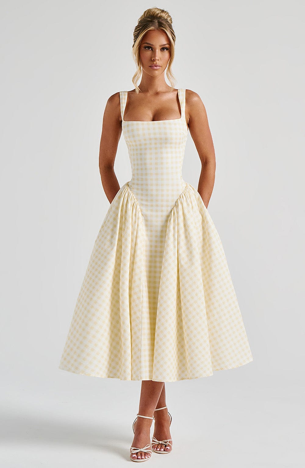Sherrie - Lemon gingham square-neck full skirt midi dress