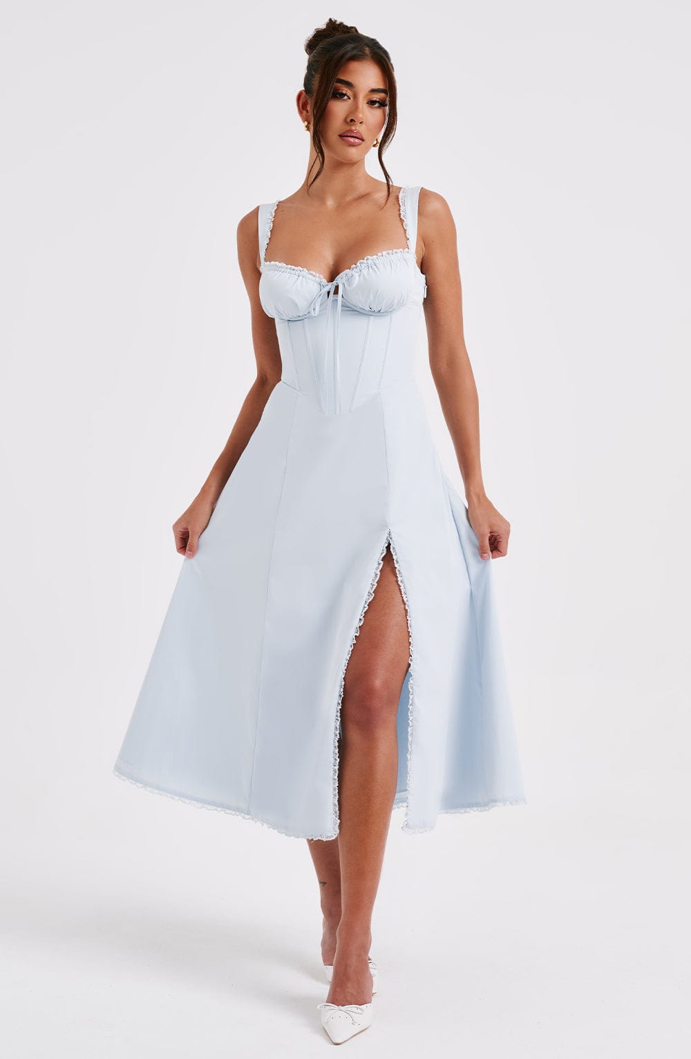 Ulrika - Powder blue corset midi dress with thigh split