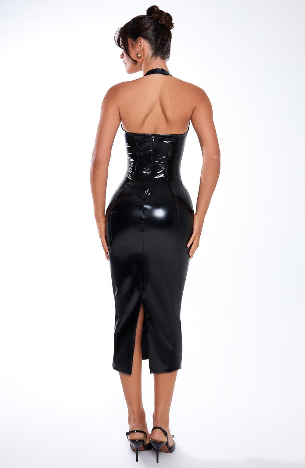 Violette - Black lacquer halter neck bodycon midi dress
