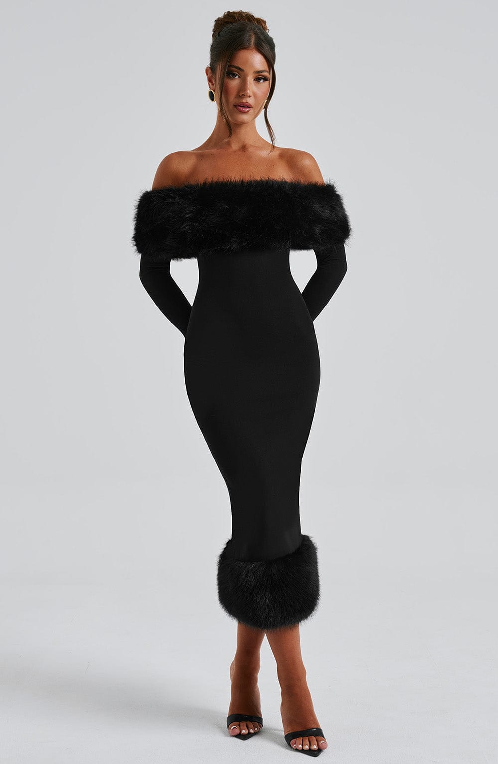 Vittoria - Black faux-fur trim midi dress