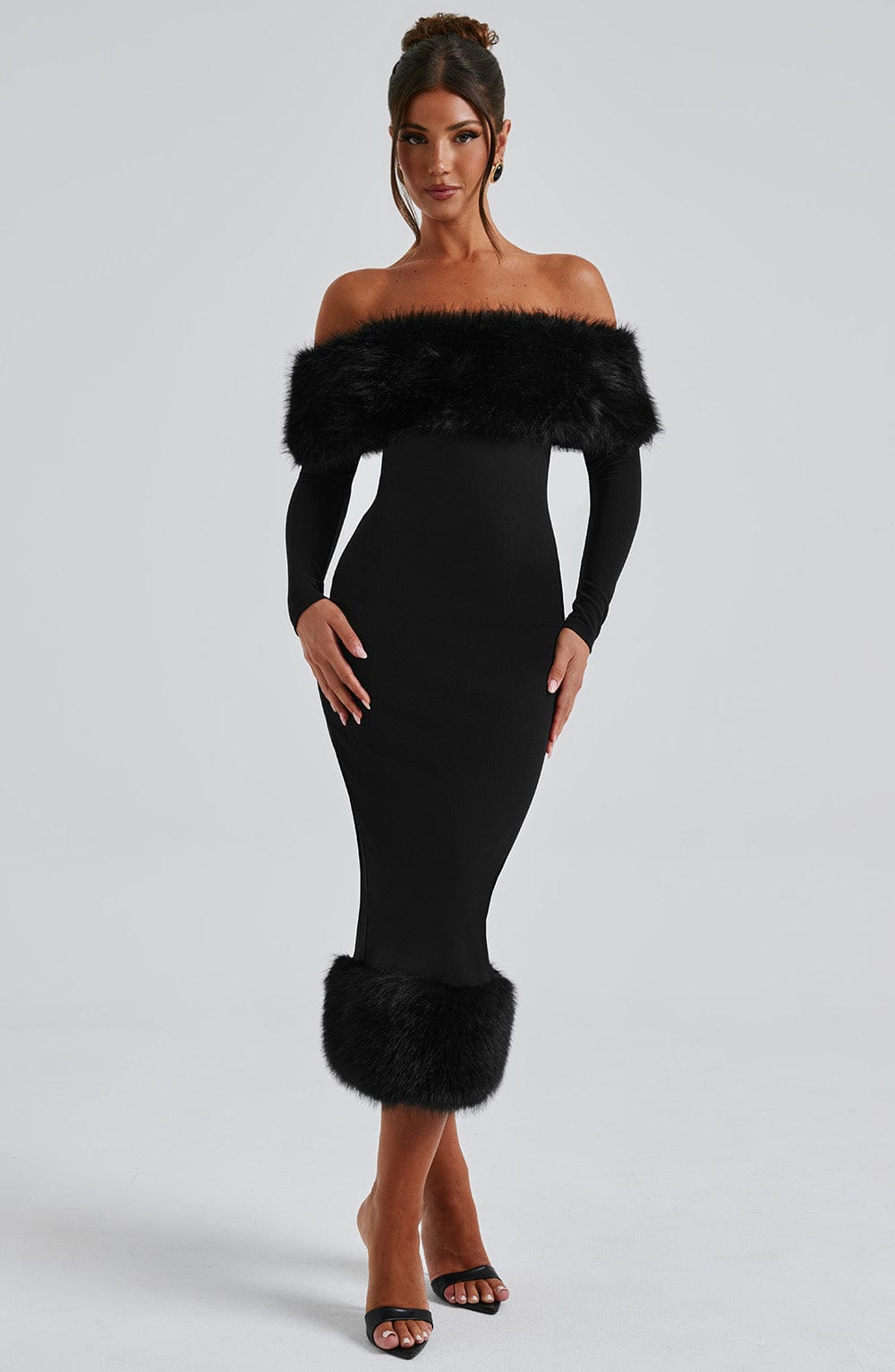 Vittoria - Black faux-fur trim midi dress