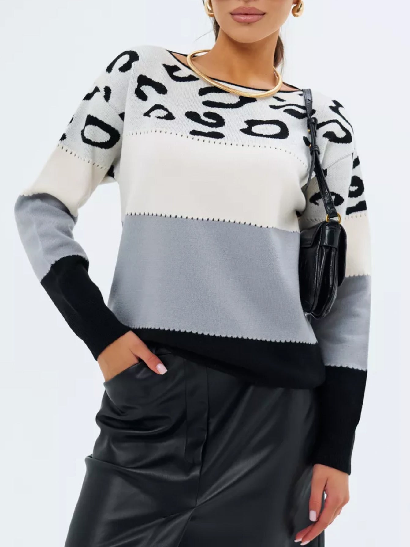 Pascaline - Leopard print colour block knit jumper