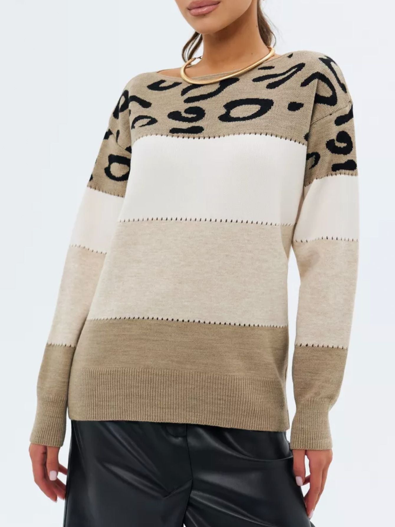 Pascaline - Leopard print colour block knit jumper