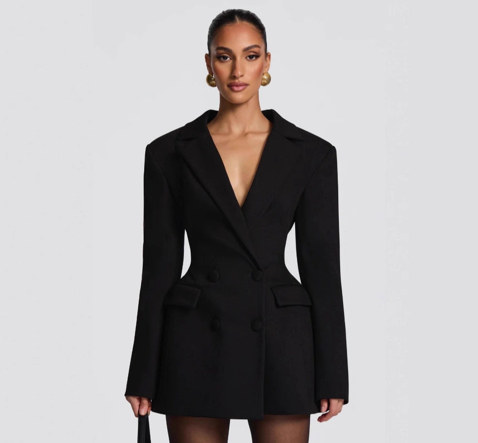 Elvira - Structured power shoulder double-breasted blazer dress